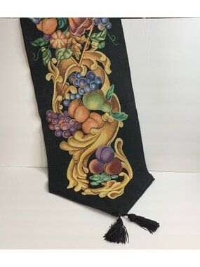 Ambrosia Tapestry Table Runner Fruit Design Black Tassels 13x72 Inches Made USA